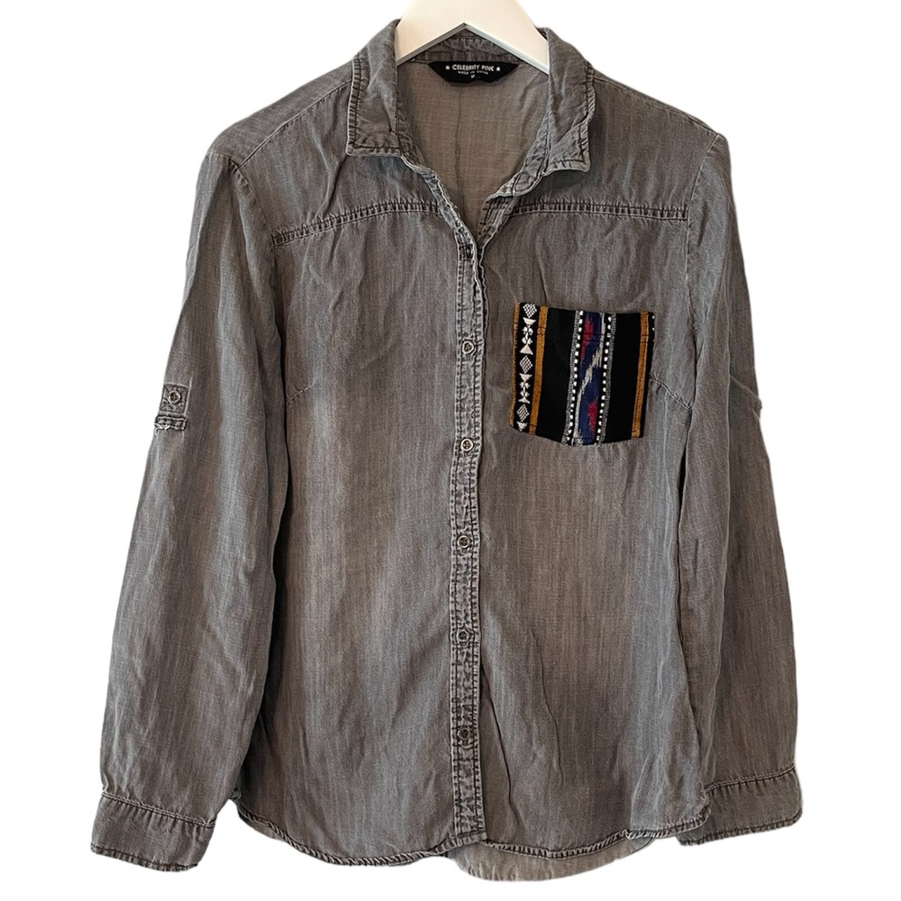 Celebrity Pink - Gray Long Sleeve Shirt With Aztec Print Pocket